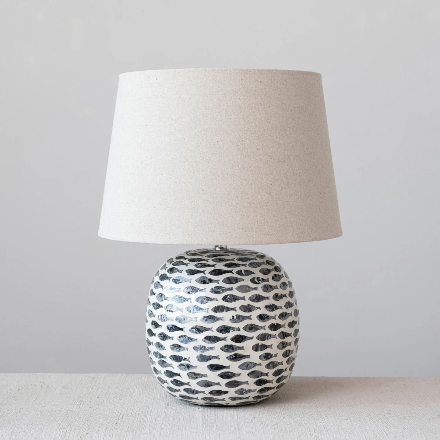 Capiz & Bamboo Table Lamp with Fish Pattern, full view