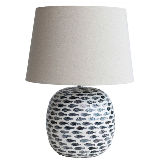 Capiz & Bamboo Table Lamp with inlaid fish pattern and linen drum shade