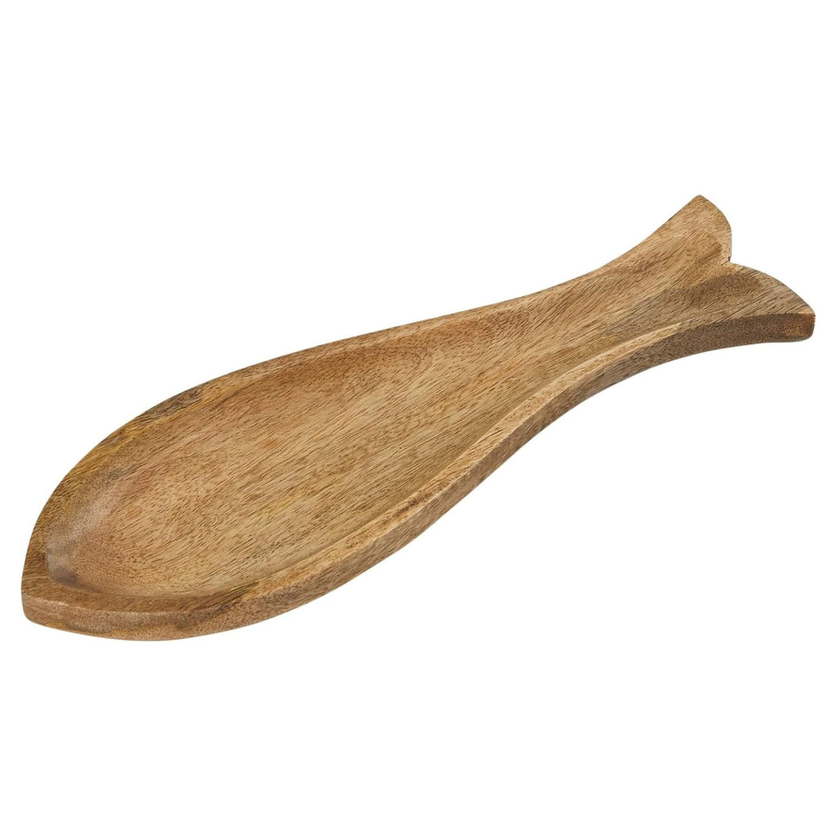 A hand-carved mango wood tray in the shape of a fish.