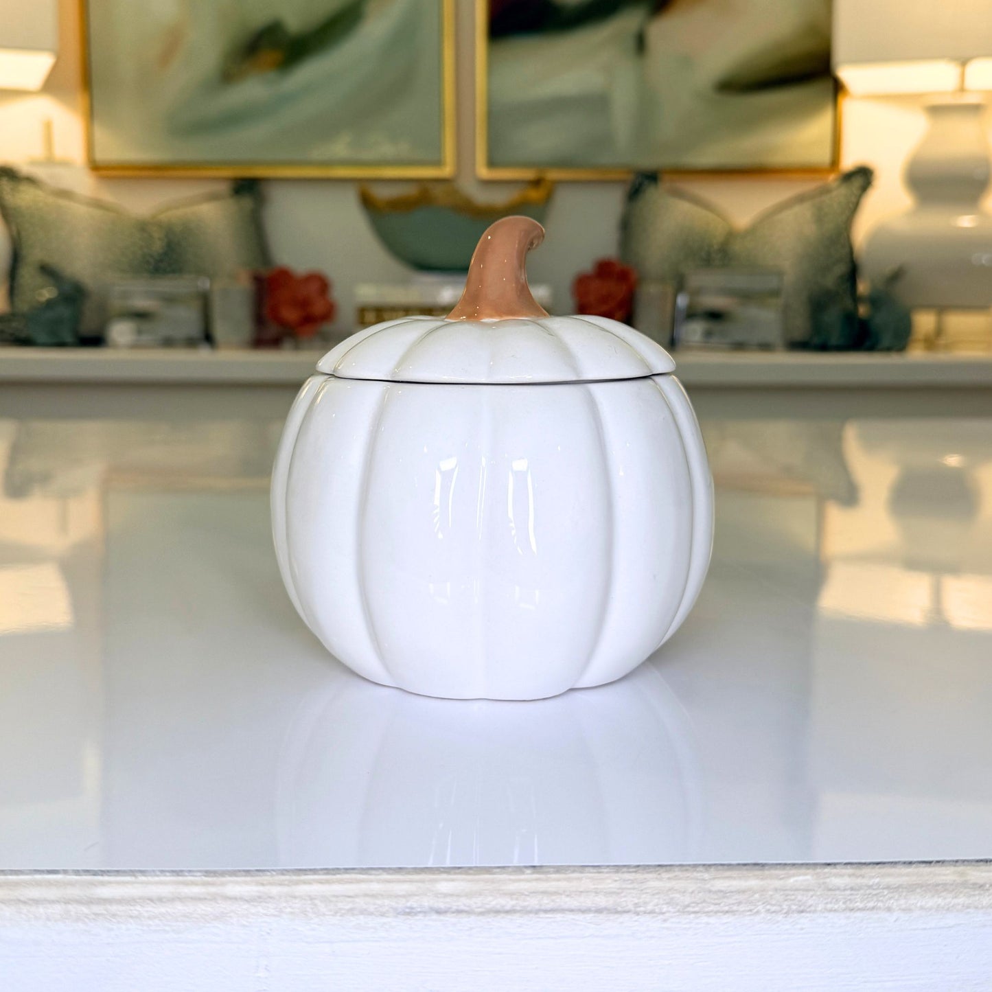 White glazed ceramic pumpkin jar with lid