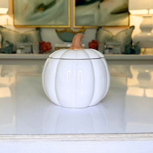 White glazed ceramic pumpkin jar with lid