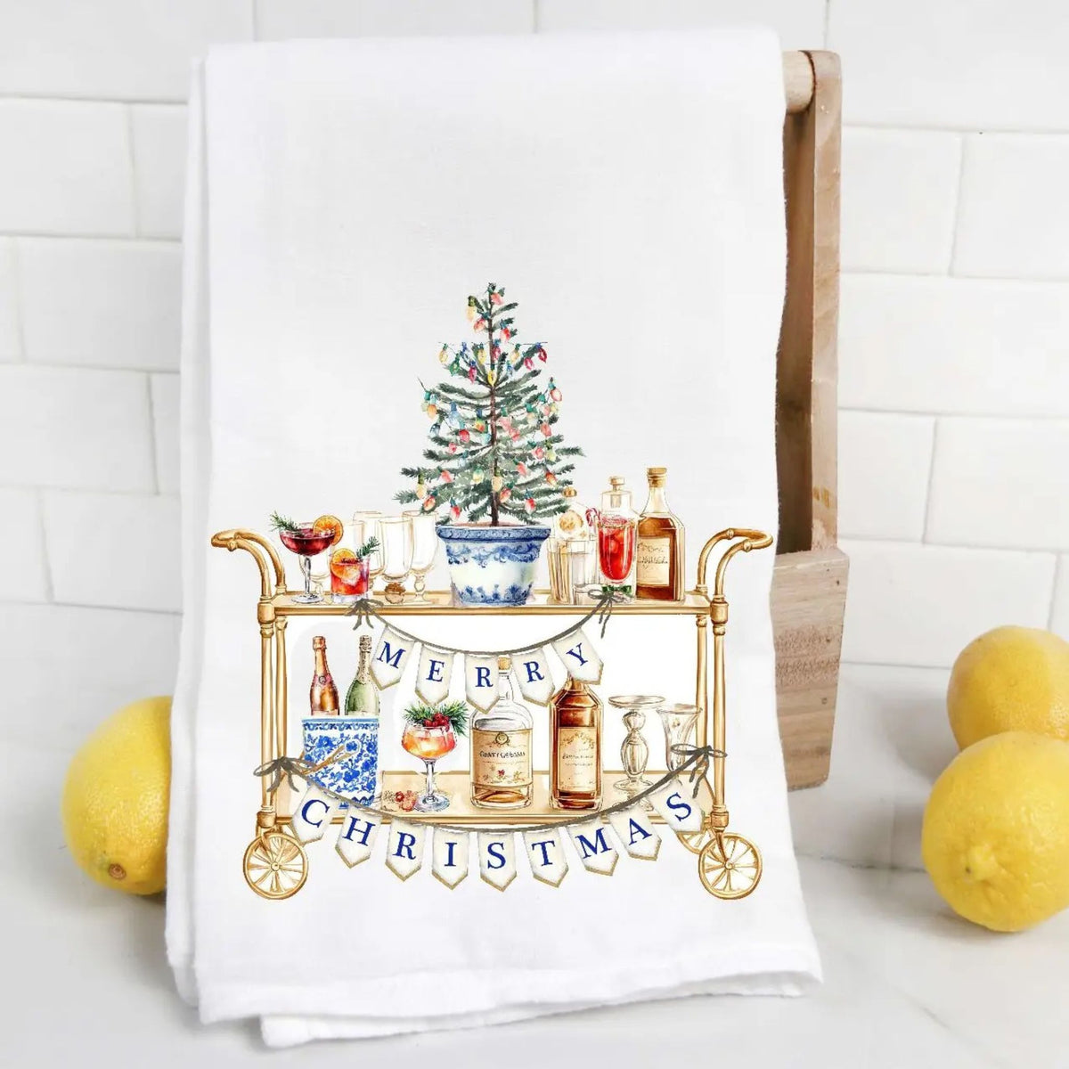 Chinoiserie Christmas bar cart tea towel