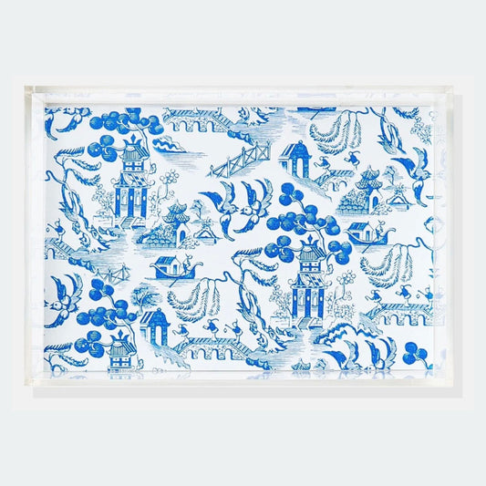 Chinoiserie print acrylic tray in blue and white, styled on a dresser