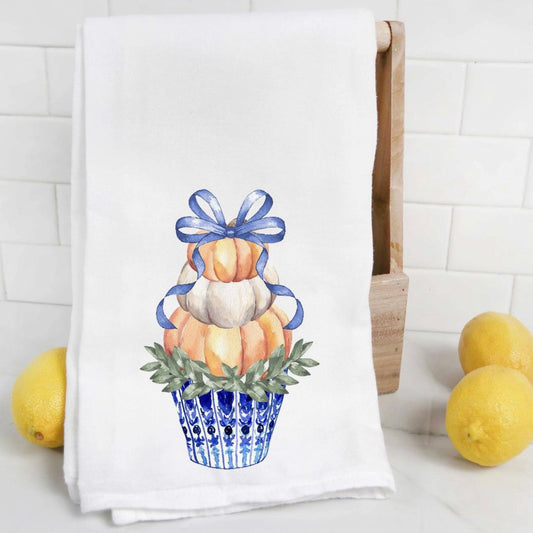 Chinoiserie pumpkin kitchen towel, blue and white