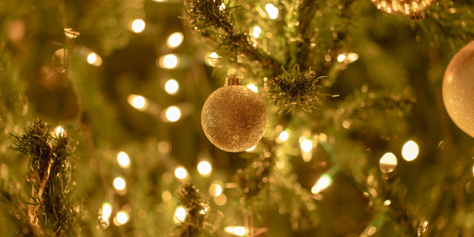 A close-up festive shot of a gold glitter Christmas ornament hanging on a green Christmas tree branch, surrounded by warm glowing string lights.