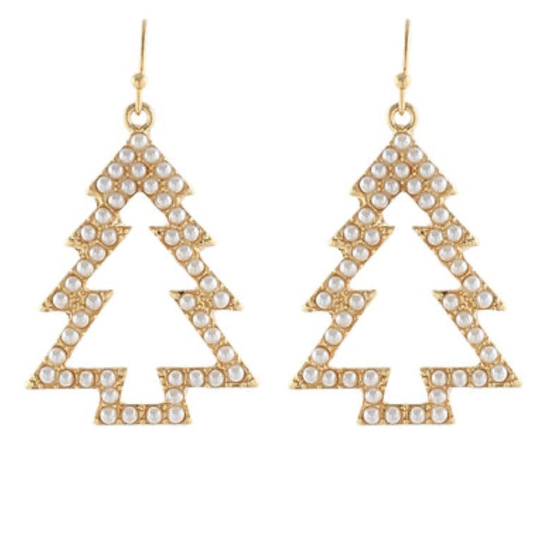 A pair of gold-tone dangle earrings shaped like Christmas trees, embellished with small white faux pearls, shown against a plain white background.