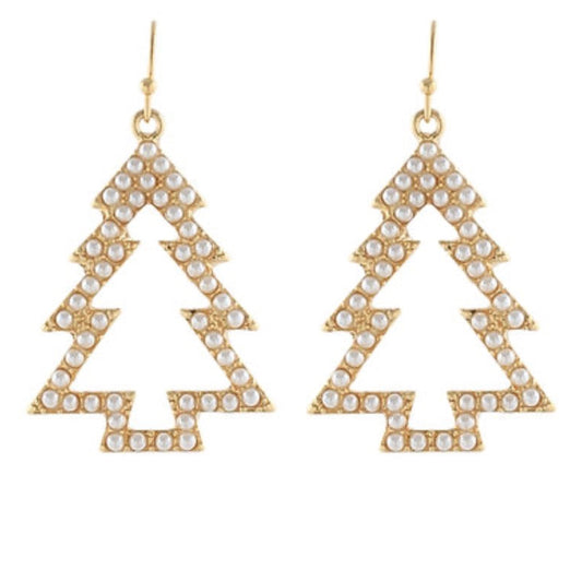 A pair of gold-tone dangle earrings shaped like Christmas trees, embellished with small white faux pearls, shown against a plain white background.