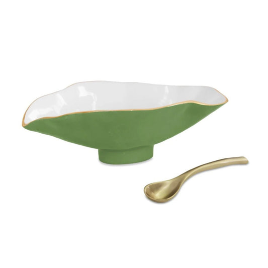 Small oval bowl with matching spoon in leaf green enamel and gold rim