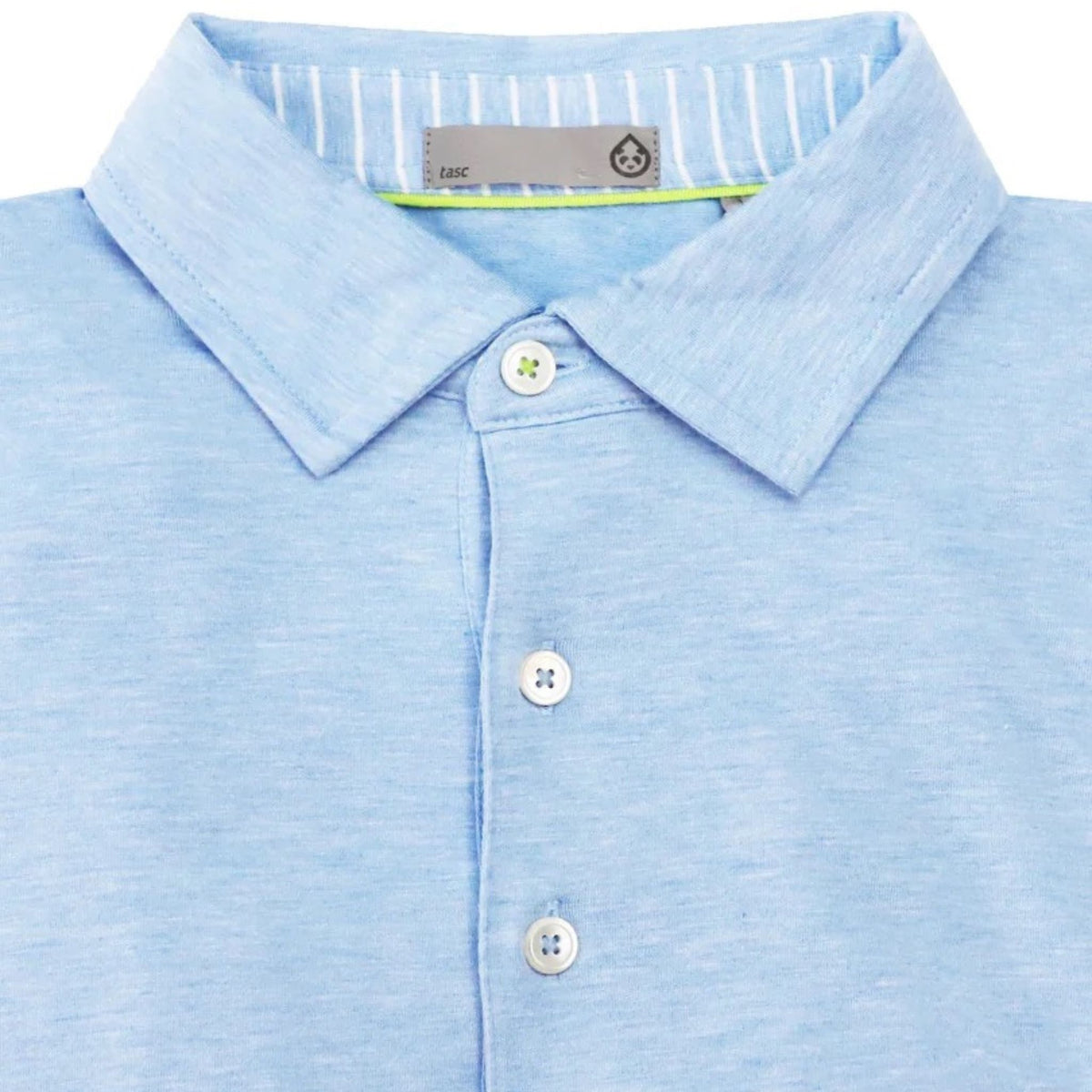 Close-up of the embroidered Lake Martin logo on the polar heather polo.