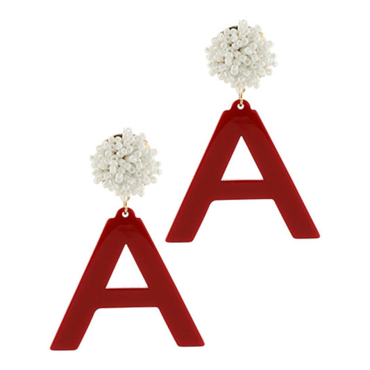 Crimson and white game day letter earrings, Alabama colors