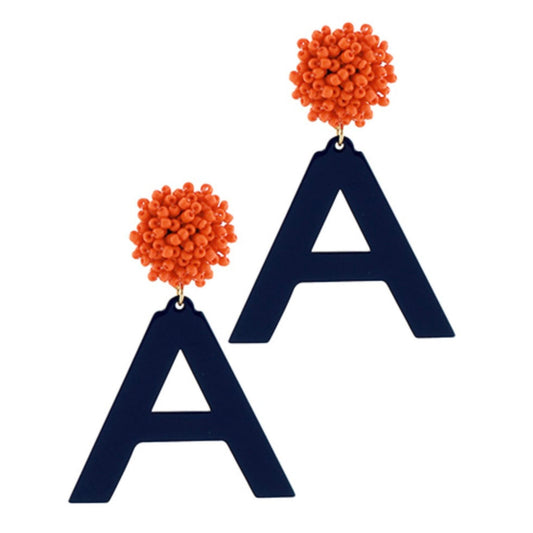 Orange and blue game day letter earrings, Auburn colors
