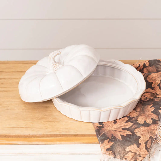 Covered white stoneware pumpkin dish, 9 inches, with sculpted pumpkin lid