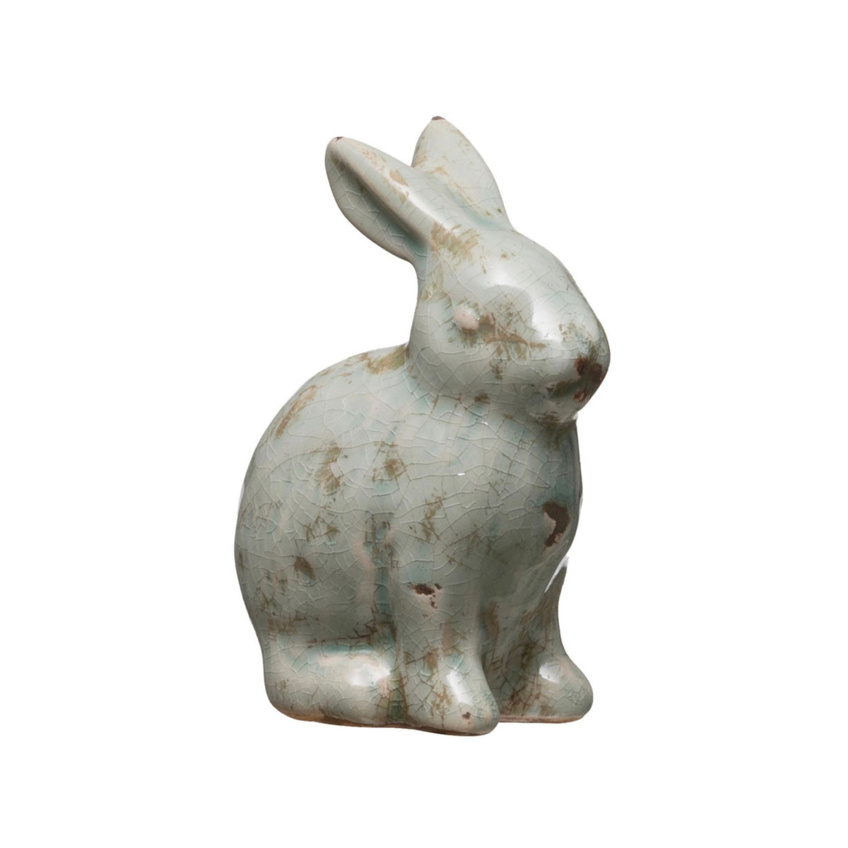Crackle-glaze terracotta rabbit figurine, side view showing the textured glaze