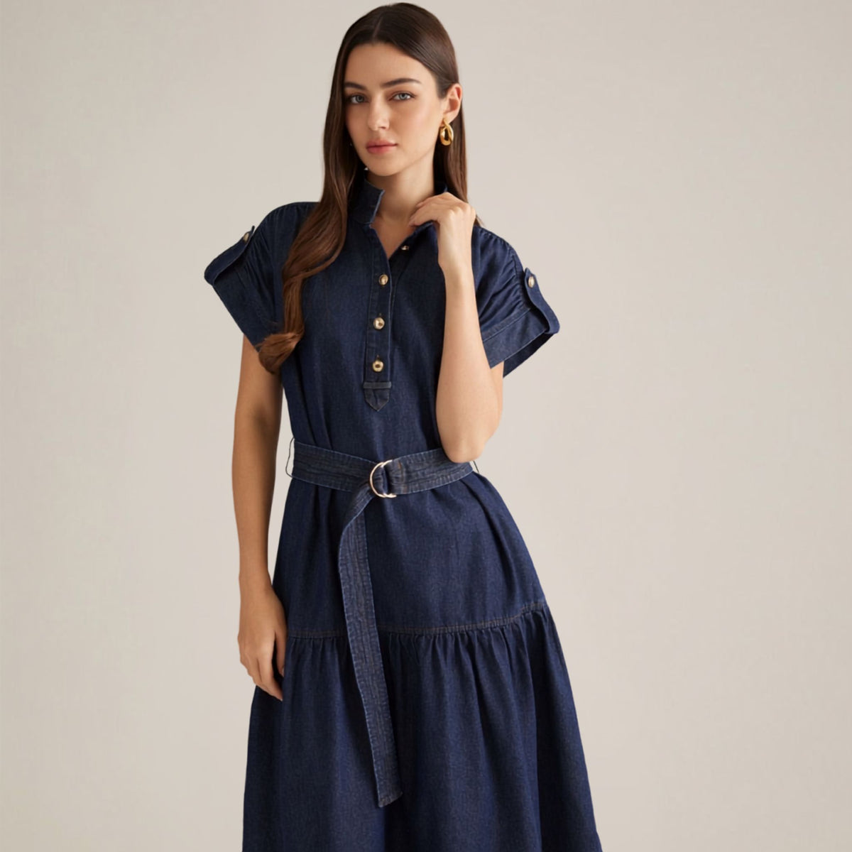 Dark Denim Cap Sleeve Midi Dress