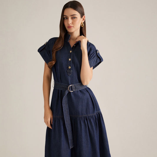 Dark Denim Cap Sleeve Midi Dress