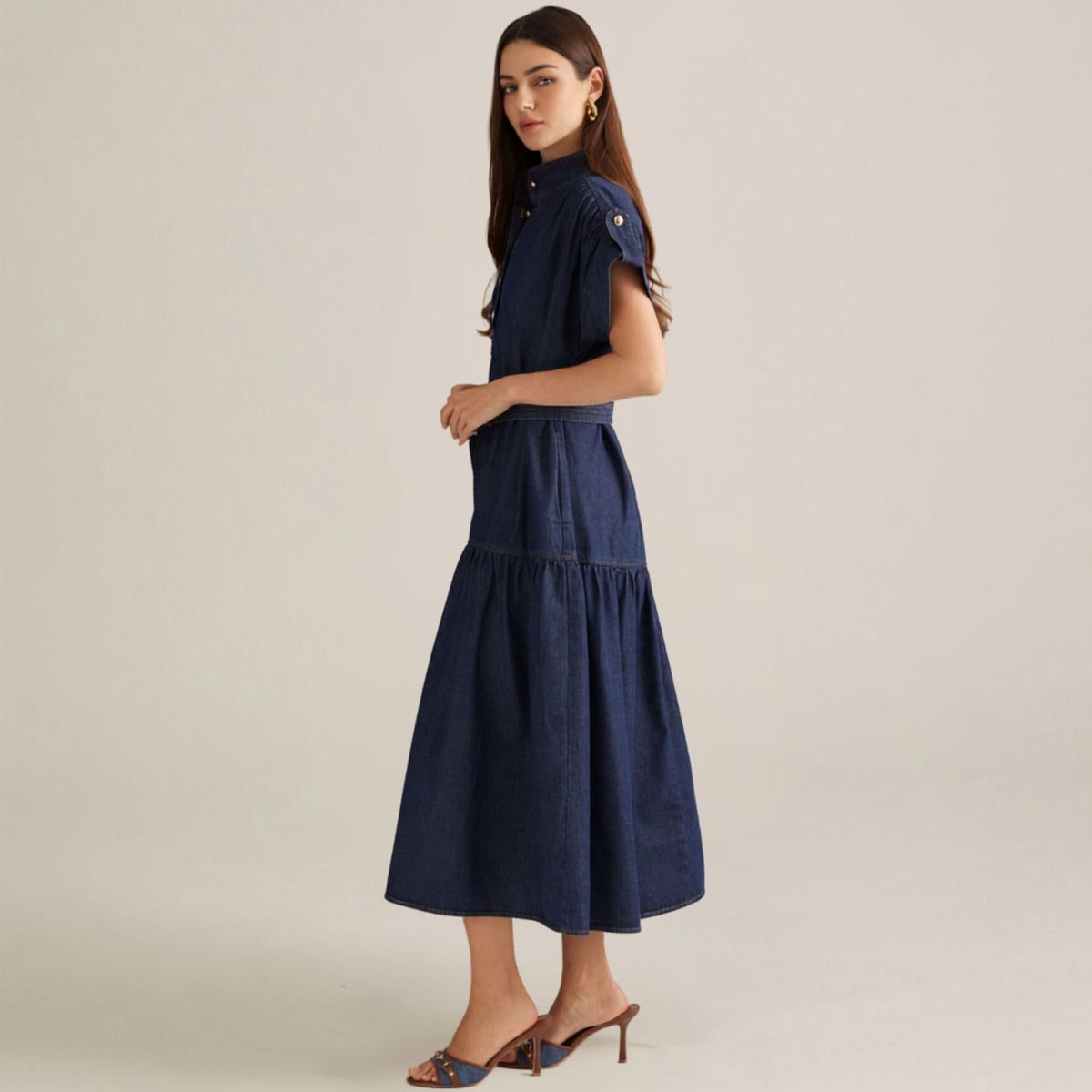 Dark Denim Cap Sleeve Midi Dress