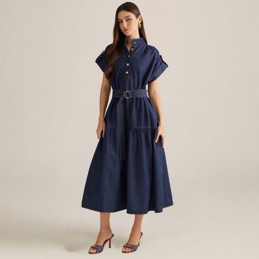 Dark Denim Cap Sleeve Midi Dress