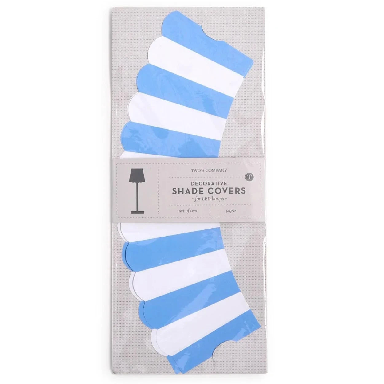 Pack of two striped shade covers in light blue and white, packaged in a clear plastic sleeve with a gray paper band labeled 'INDIVIDUAL SHADE COVERS'.