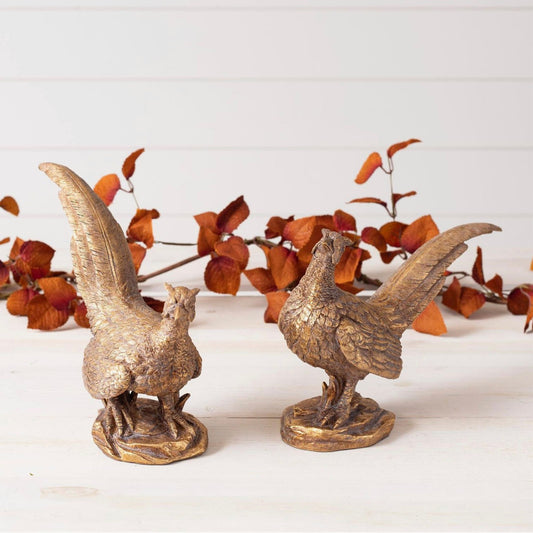 Decorative pheasant figurine with antiqued gold finish, styled set
