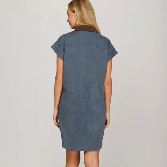 Denim Blue Contrast Collar Suede Shirt Dress, back view