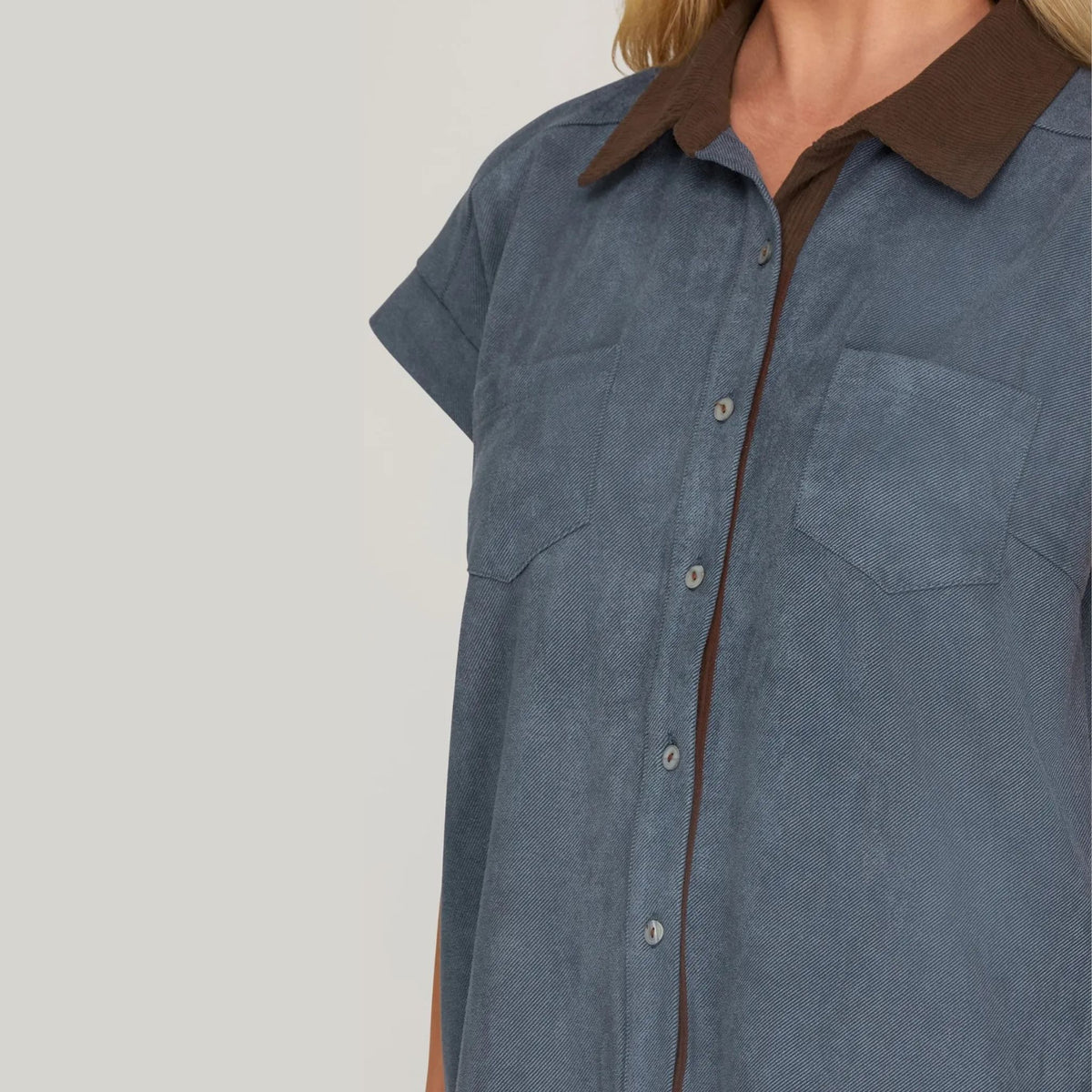 Denim Blue Contrast Collar Suede Shirt Dress, collar close-up