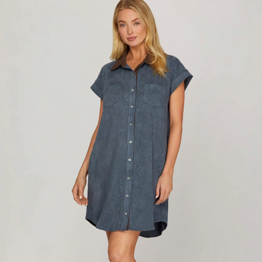 Denim Blue Contrast Collar Suede Shirt Dress, front view