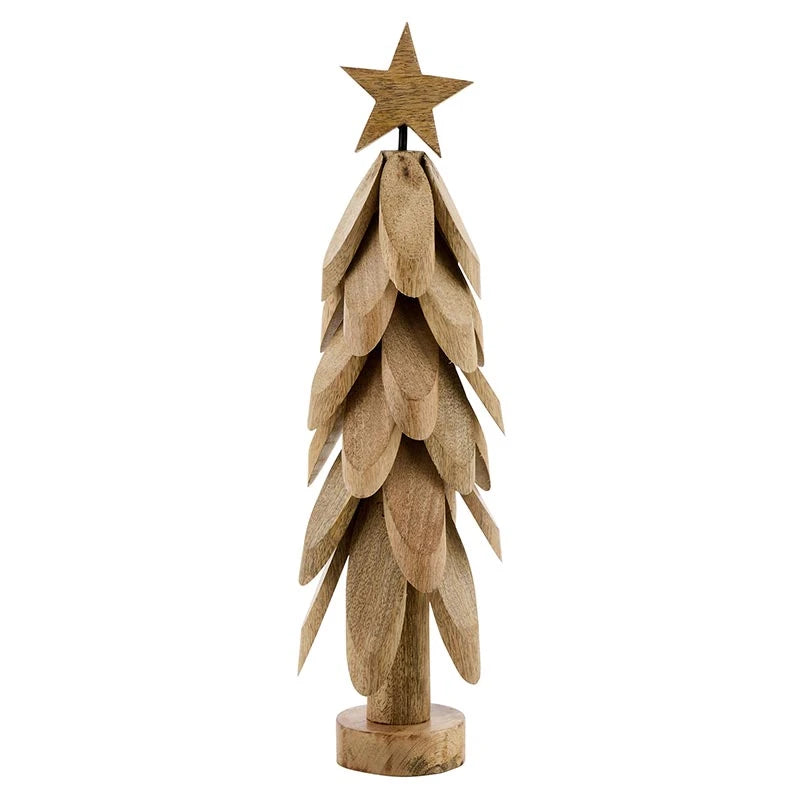 Small driftwood-style Christmas tree carved from natural mango wood, 16.75 inches tall