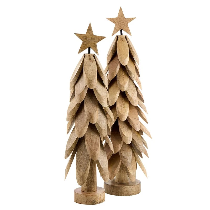 Small and Large driftwood-style Christmas trees carved from natural mango wood, shown together