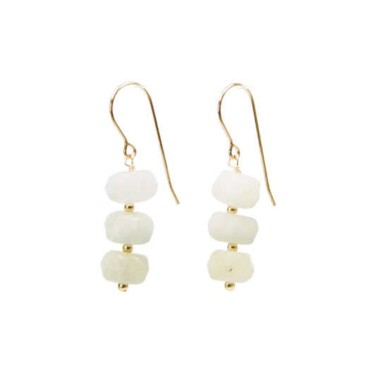 A pair of gold drop earrings featuring three stacked, irregular-shaped pale greenish-white beads on each earring, set against a plain white background.