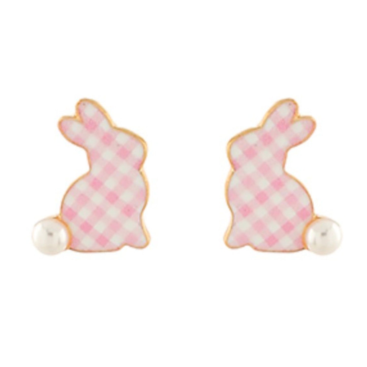 Easter Stud Earrings, pink gingham bunny stud with faux pearl detail