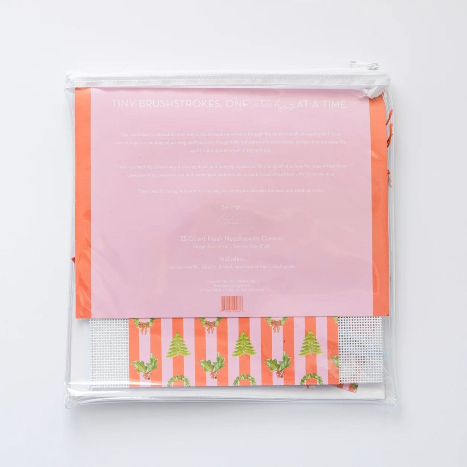 Back of the Everlasting Beginner Needlepoint Kit packaging.