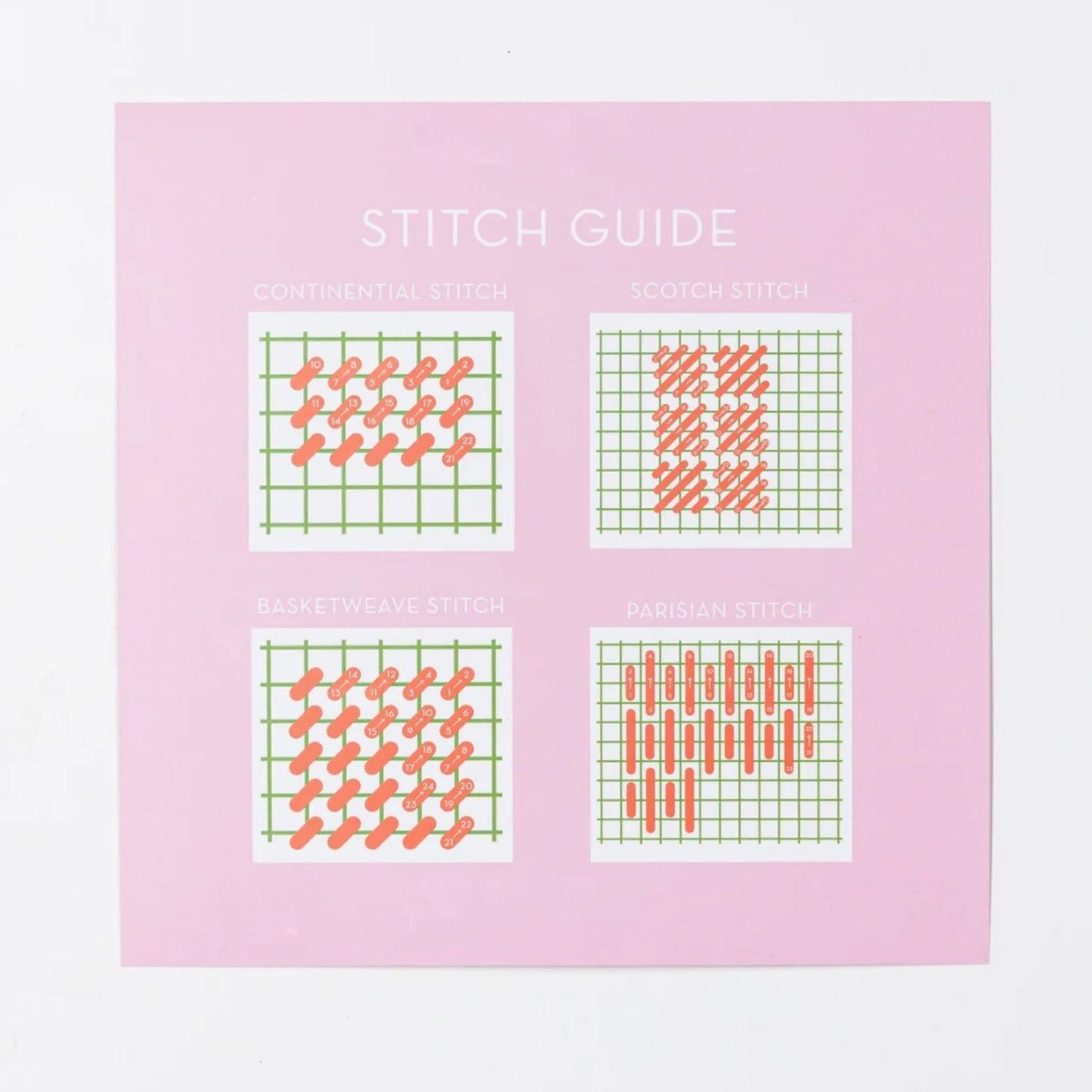 Everlasting Beginner Needlepoint Kit, included stitch guide.