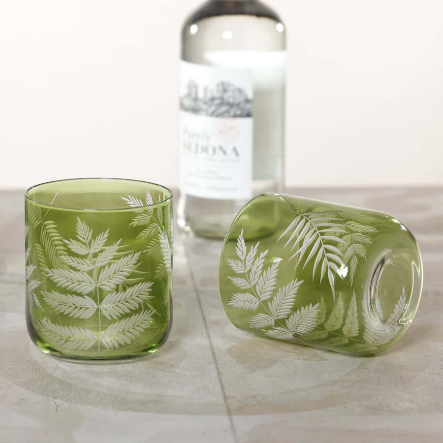 Fern leaf etched rock glass