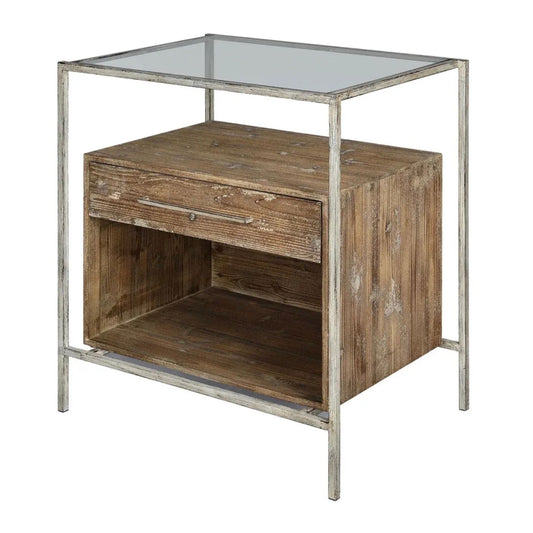 Fisher Chest Accent Table with metal, glass, and wood construction