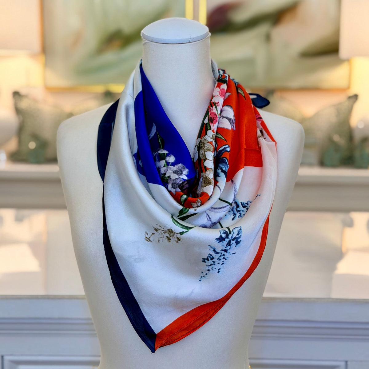 Floral Pattern Scarf in Orange, full view showing colorblock and floral design