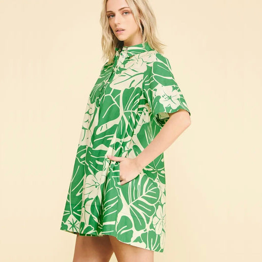 Floral Print Button-Down Mini Dress in green, detail view