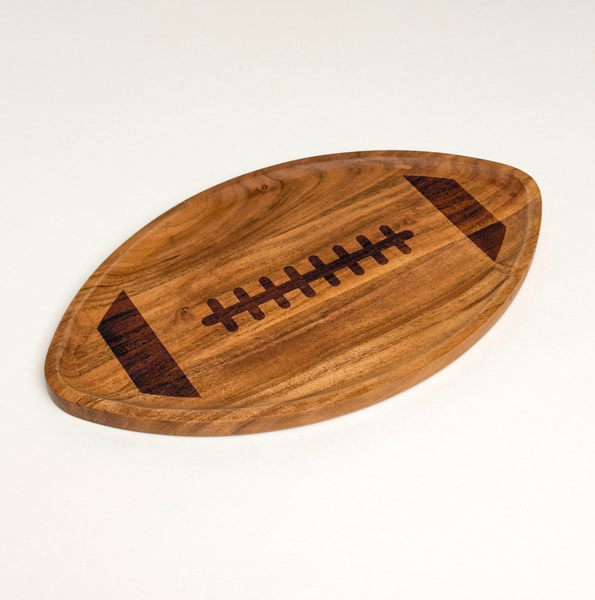 Acacia wood football serving board, alternate view