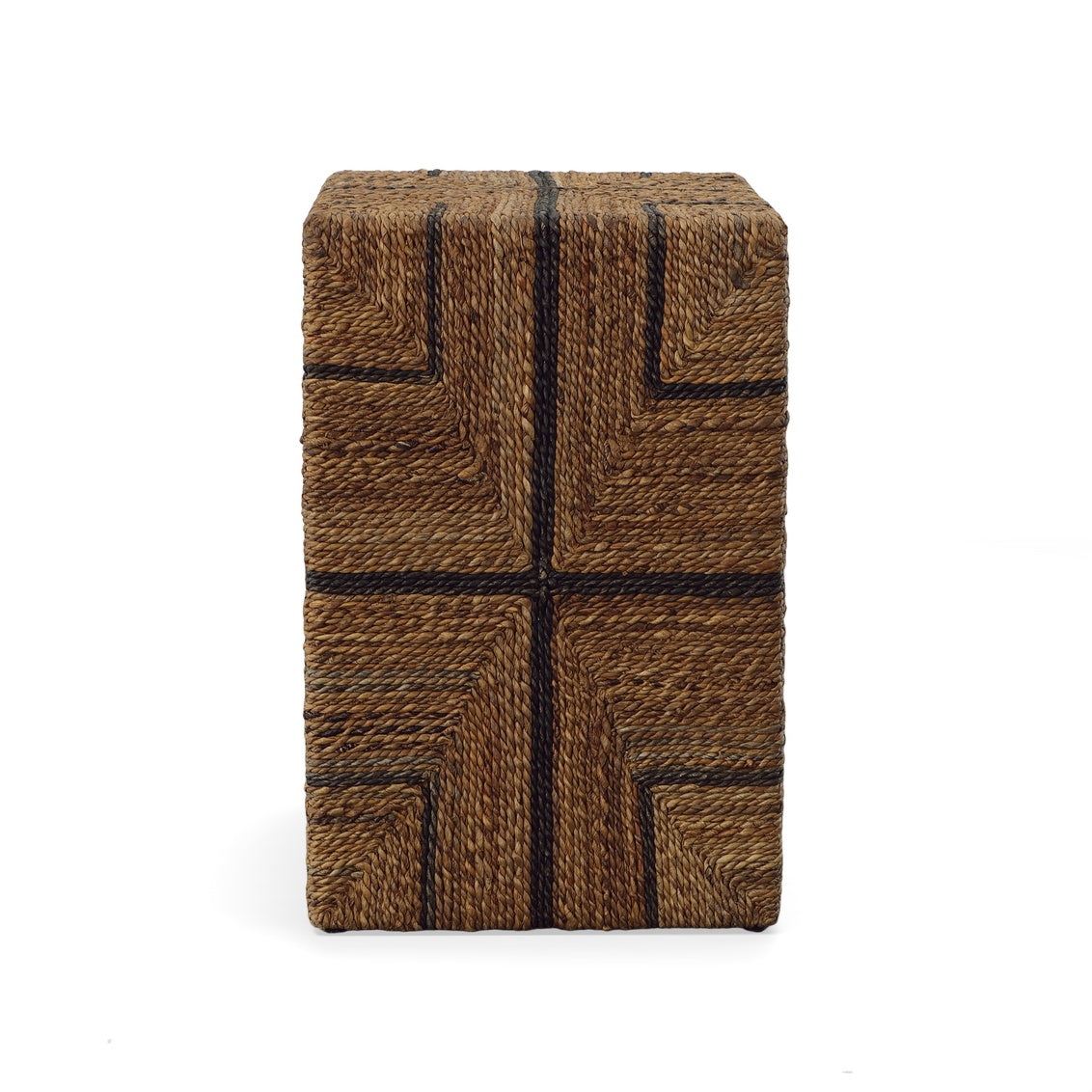 Side view of the mahogany nesting tables with woven banana leaf cord.