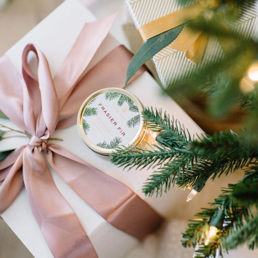 Frasier Fir travel tin candle, lifestyle shot
