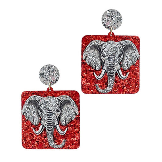 Square glitter acrylic earrings with elephant design in crimson and white, for game day