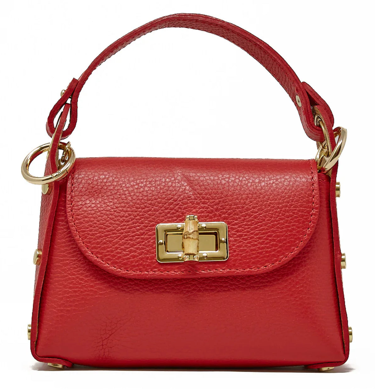 Red handbag with gold accents on a white background