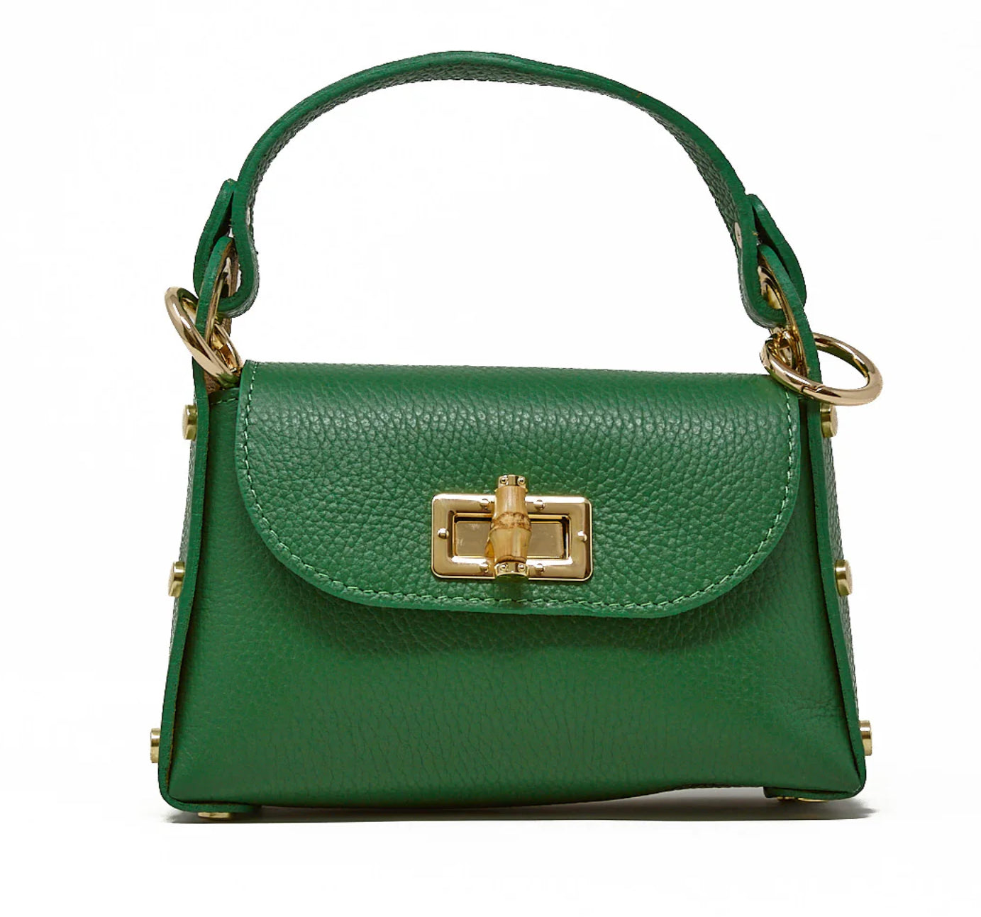 Green handbag with gold accents on a white background