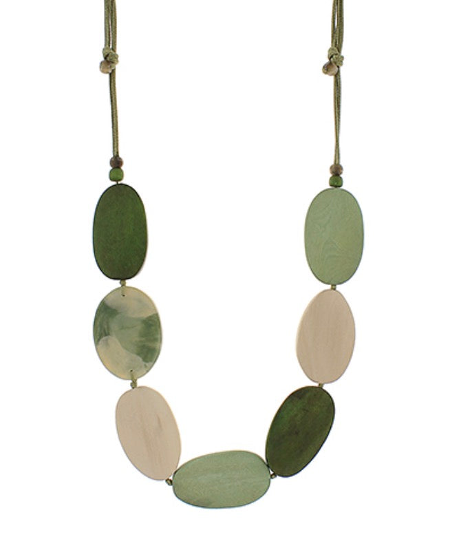 Oval Wood Cord Necklace in green cord, 28-inch adjustable length