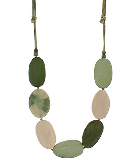 Oval Wood Cord Necklace in green cord, 28-inch adjustable length