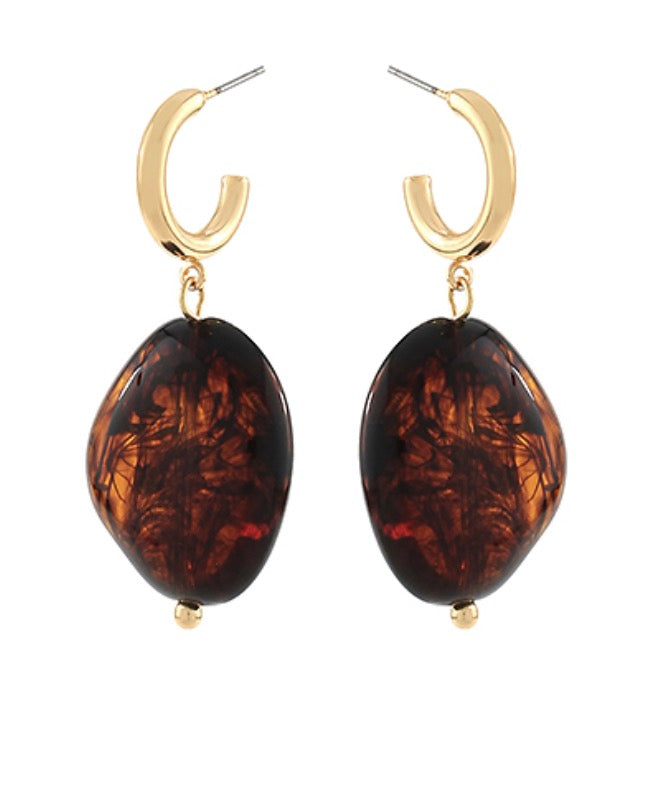 Geometric Oval Stone Dangle Earrings, gold hoop with tortoiseshell-tone stone drop