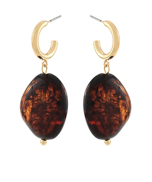 Geometric Oval Stone Dangle Earrings, gold hoop with tortoiseshell-tone stone drop