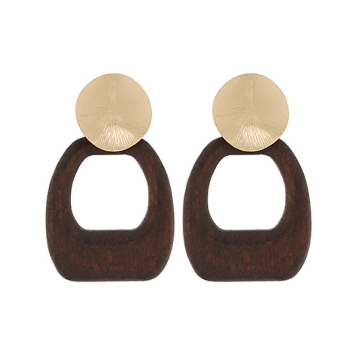 Wood & Gold Doorknocker Earrings, gold stud with chunky open wood ring