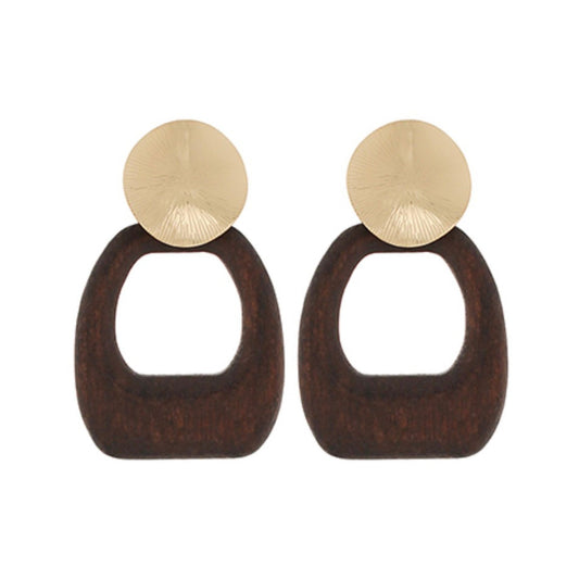 Wood & Gold Doorknocker Earrings, gold stud with chunky open wood ring