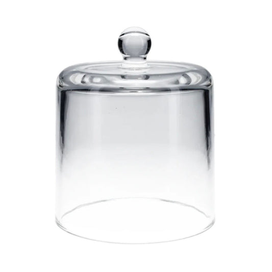 Clear glass candle cloche with a bell shape and rounded knob top