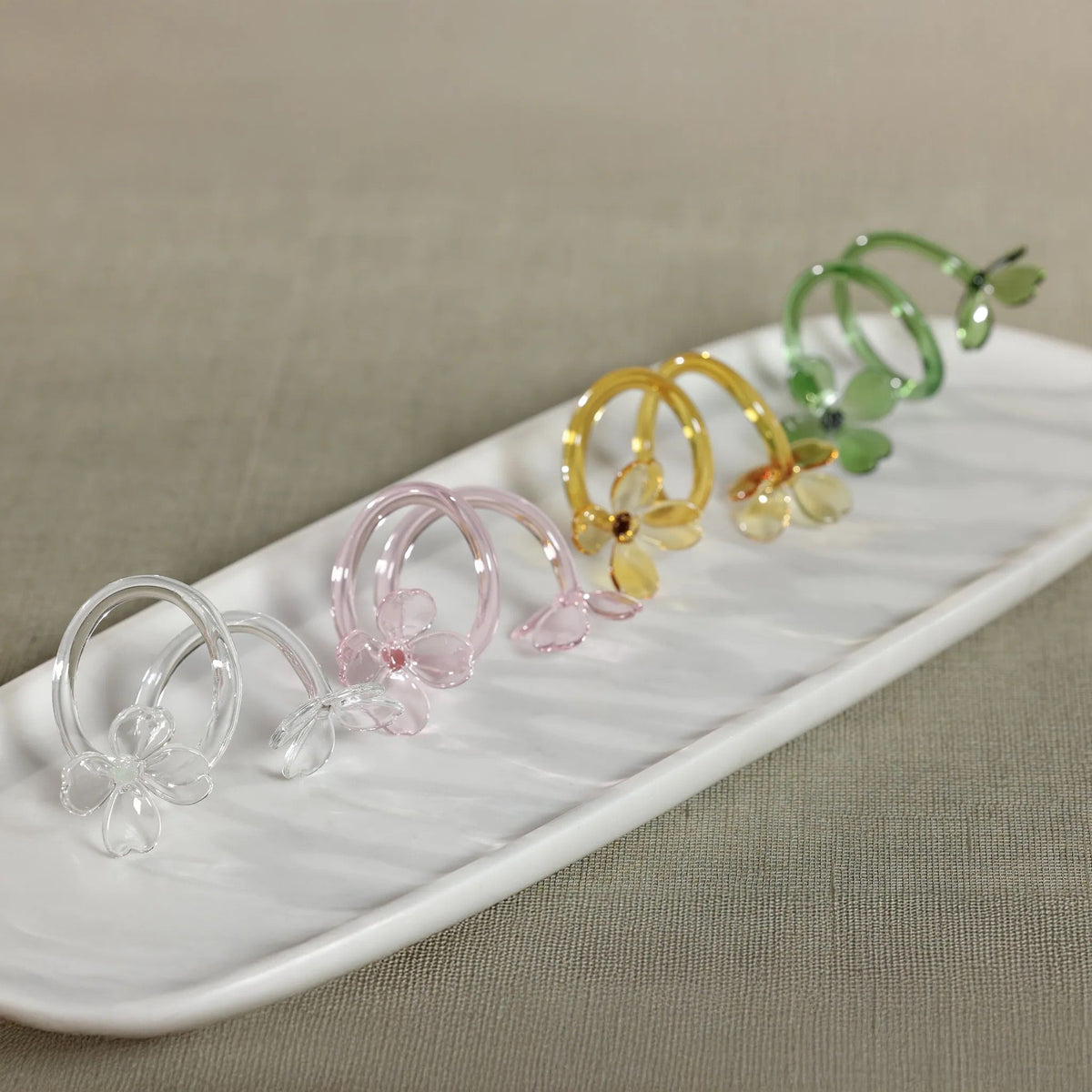 Glass flower napkin rings, set of 4, boxed